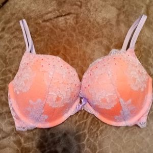Neon Orange and Purple Diamond Victorias Secret Very Sexy Plunge Pushup Bra 34DD